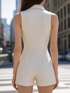 White Sleeveless Blazer Romper With Gold Trim