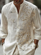 Men's Japanese-style Cherry Blossom With Crane Pattern Linen Blend Shirt