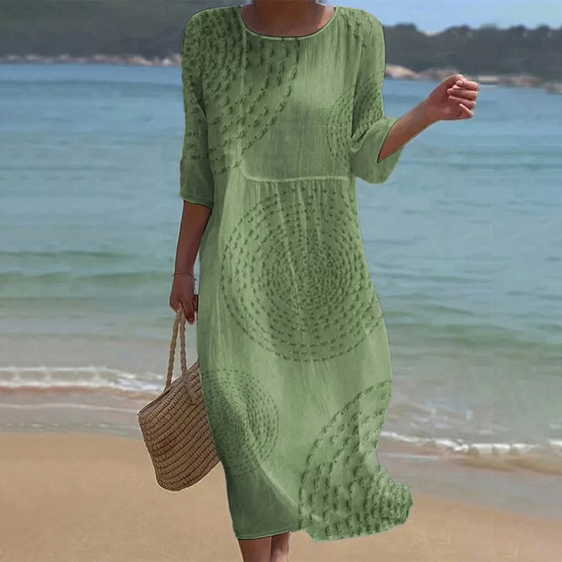 Vintage Patchwork Art Pattern Linen Blend Loose Three-quarter Sleeve Dress