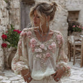 Women's Vintage Pink Rose Embroidery Art Round Neck Linen Blend T-shirt
