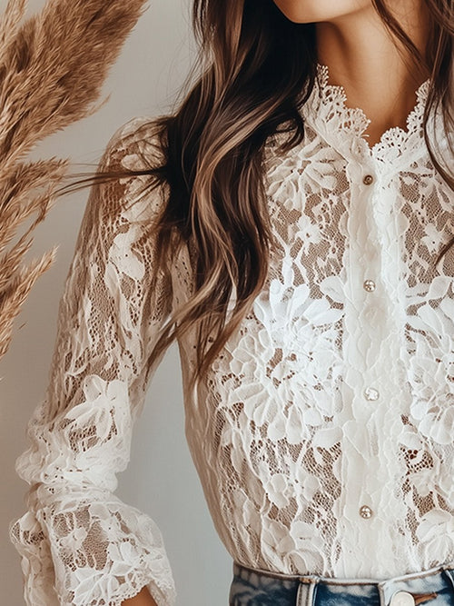 (SALE)Graceful White Lace High-Neck Blouse