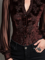 Vintage Velvet Embroidered Blouse With Sheer Sleeves