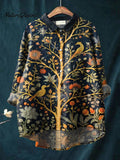 Women's Indian Art Tree Bird Floral Vintage Art Print Casual Cotton And Linen Shirt