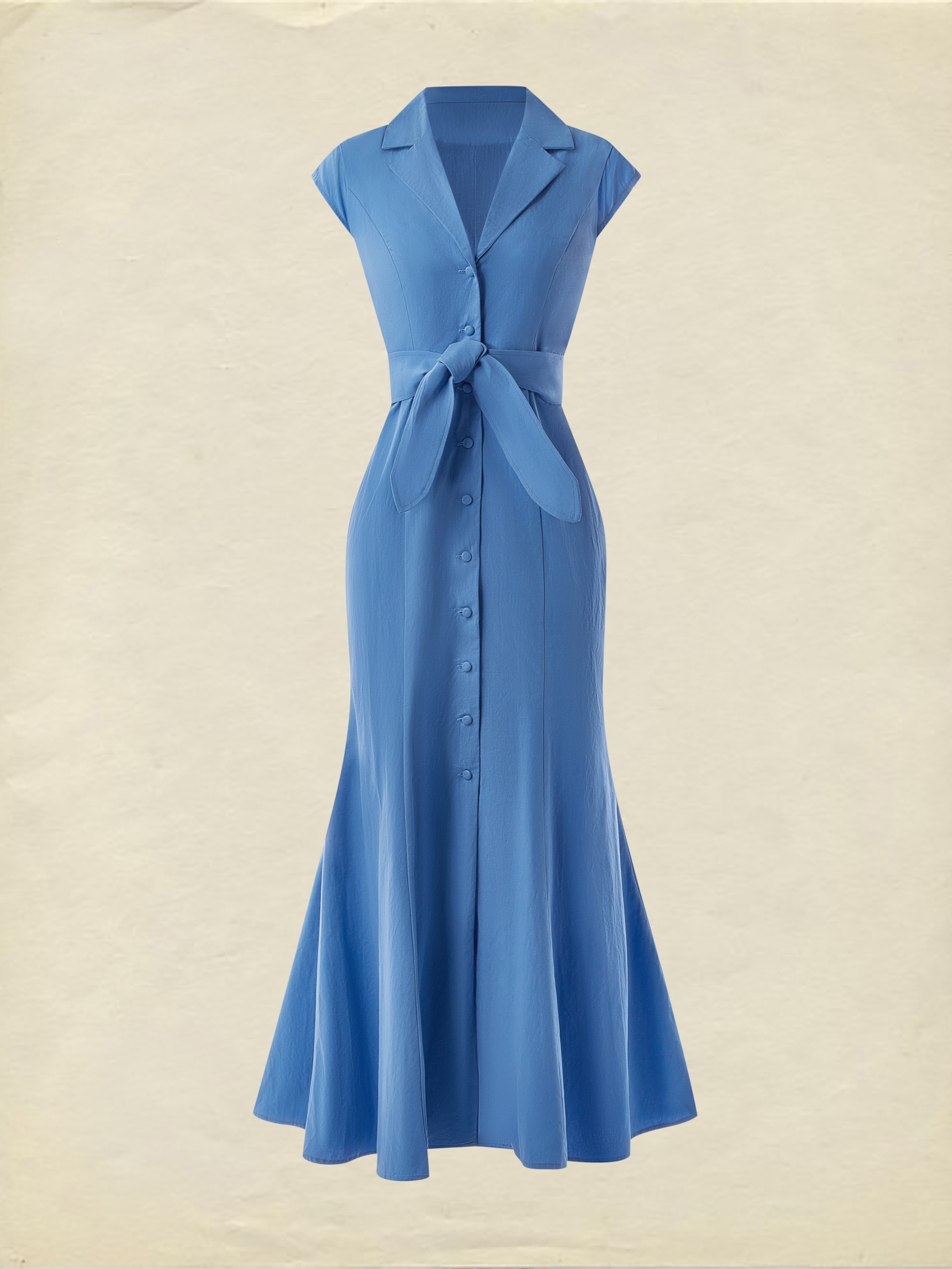 (SIZE:XS-XXL) Cotton Maxi Dress, Cap Sleeve, Lapel Collar, Plain, Vintage, Green