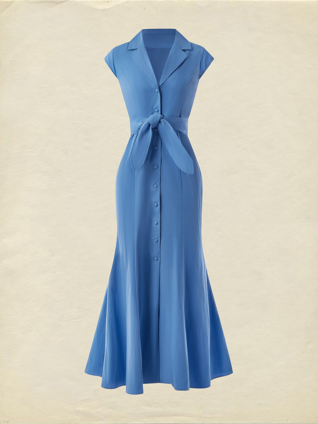 (SIZE:XS-XXL) Cotton Maxi Dress, Cap Sleeve, Lapel Collar, Plain, Vintage, Green